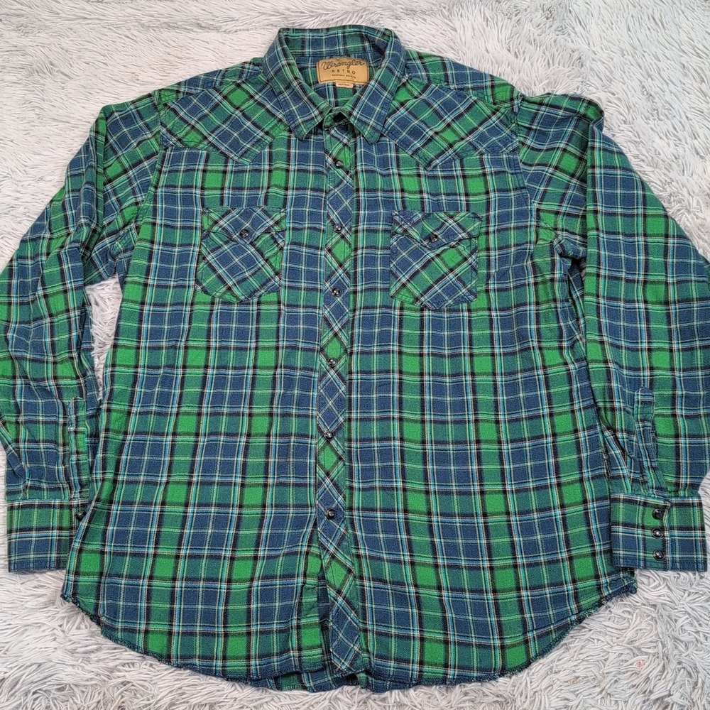 Wrangler Retro Shirt Mens XXL Green Western Snap Up Workwear Chore Comfort Plaid